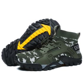 Spring Autumn Outdoor Mesh Fly Woven Sport Hiking Shoes Men Big Child Fashion Breathable High-top Climbing Walking Elastic Laces (Color: camouflage green)